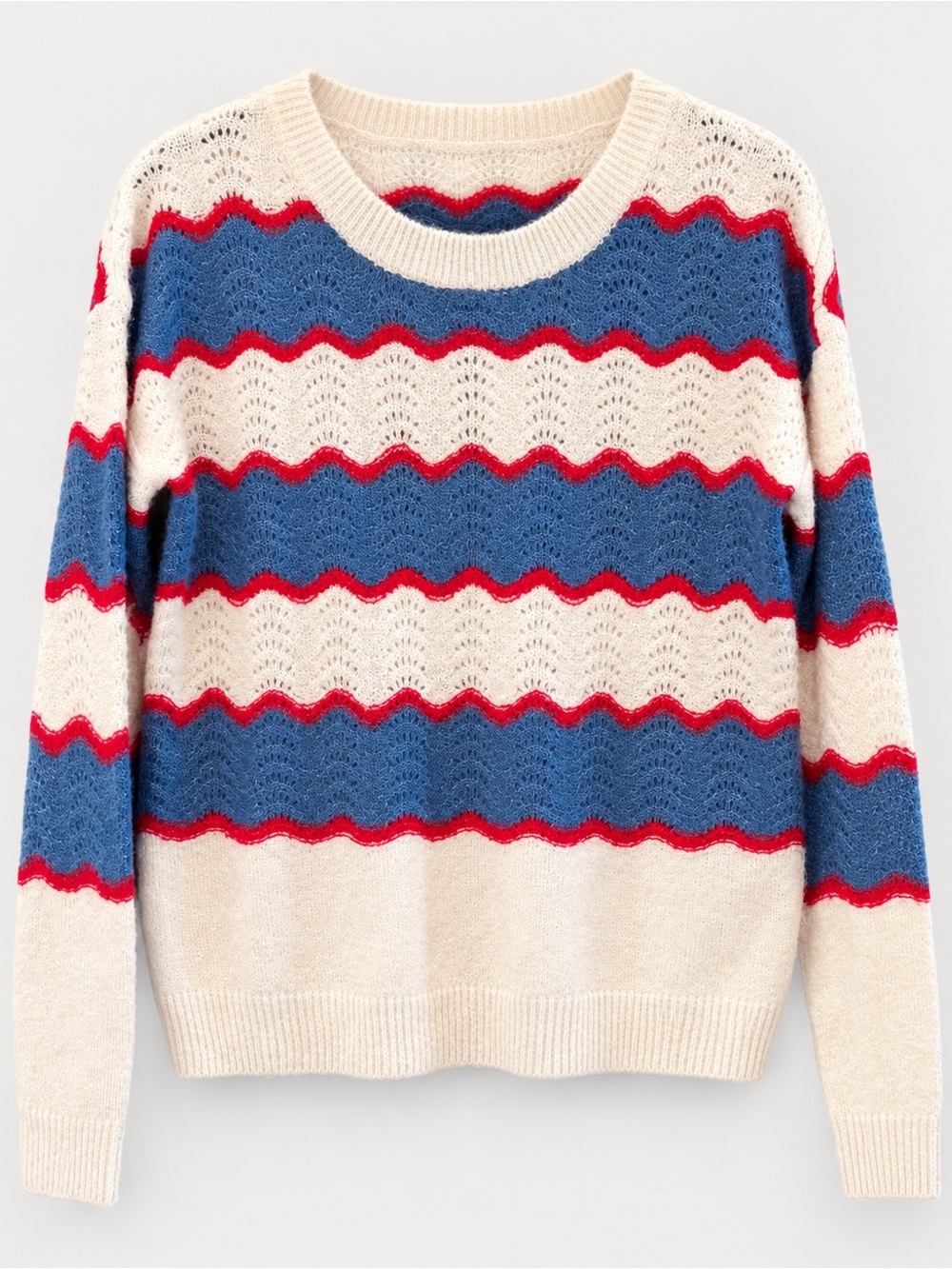 Newbury Kustom Cream Blue Red Wave Knit Crewneck Sweater